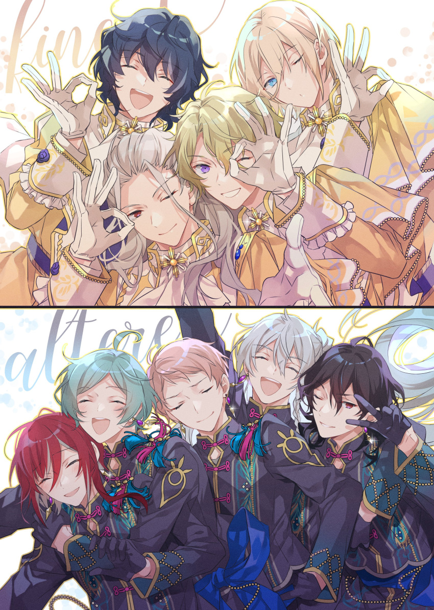 6+boys, absurdres, altered_(ensemble_stars!), aoba_tsumugi, black_hair, blonde_hair, blue_eyes, blue_hair, closed_eyes, closed_mouth, commentary_request, eccentric_five_(ensemble_stars!), ensemble_stars!, hibiki_wataru, highres, huyucotton, idol_clothes, itsuki_shu, light_green_hair, long_hair, male_focus, multicolored_hair, multiple_boys, official_alternate_costume, one_eye_closed, open_mouth, pink_hair, ran_nagisa, red_eyes, redhead, sakasaki_natsume, sakuma_rei_(ensemble_stars!), shinkai_kanata, short_hair, smile, tenshouin_eichi, tomoe_hiyori, violet_eyes, white_background, white_hair