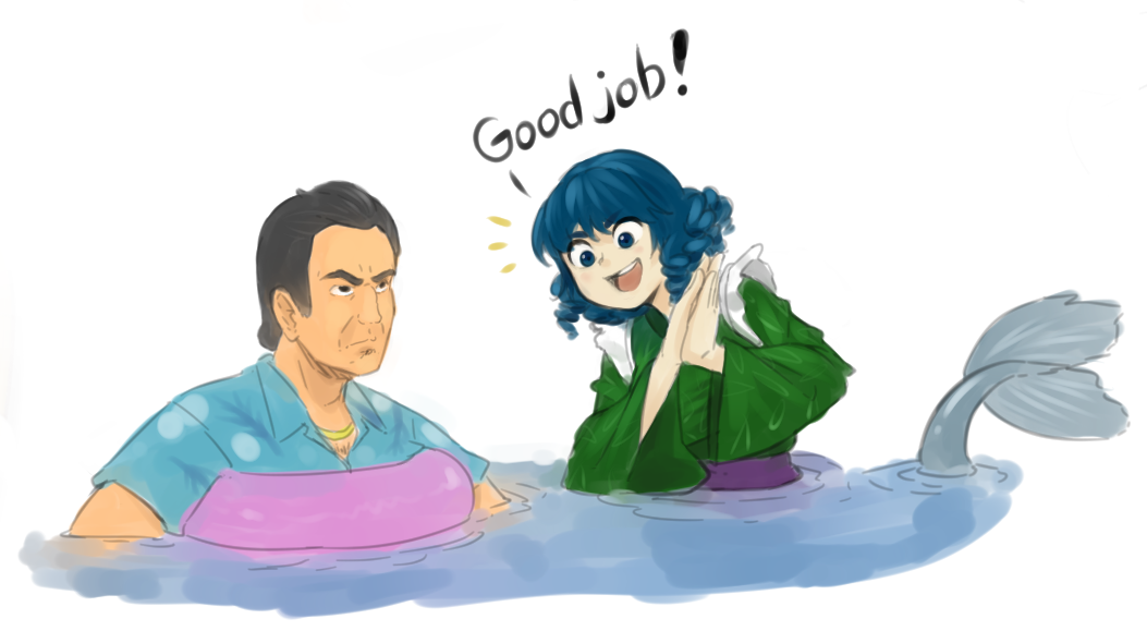 1boy, 1girl, blue_eyes, blue_hair, blue_shirt, cheering, crossover, english_text, fins, fish_tail, gold_necklace, grand_theft_auto, grand_theft_auto:_vice_city, in_water, jewelry, mermaid, monster_girl, necklace, shirt, tail, tommy_vercetti, touhou, wakasagihime