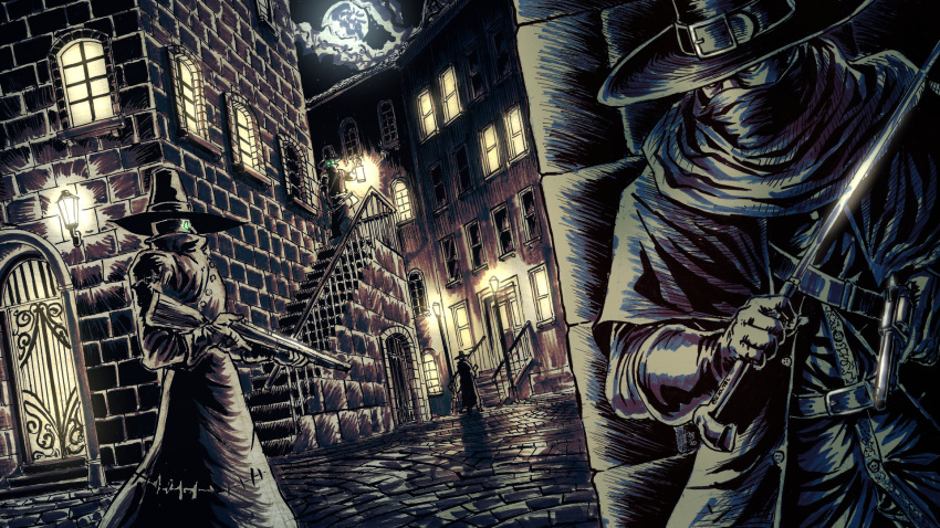 4boys, architecture, black_coat, building, cane, capelet, city, coat, concealed_weapon, covered_mouth, full_moon, gloomwood, gloves, glowing, glowing_eyes, gun, hat, hat_belt, highres, holding, holding_cane, holding_gun, holding_lantern, holding_weapon, lamppost, lantern, moon, multiple_boys, night, night_sky, outdoors, protagonist_(gloomwood), revolver, road, shotgun, sky, stairs, street, substance20, sword_cane, weapon