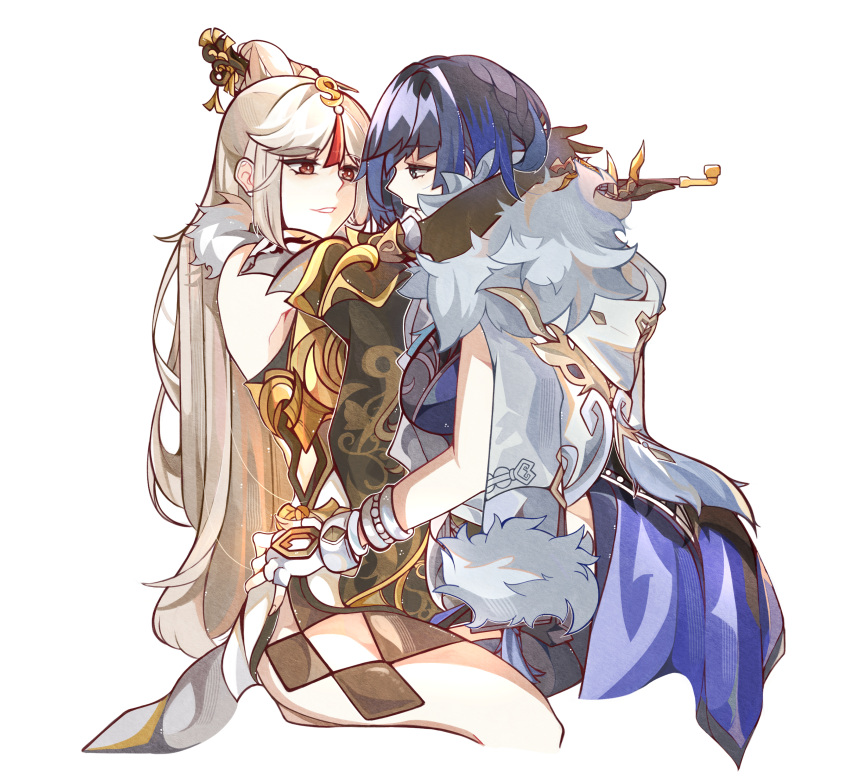 2girls, absurdres, black_gloves, blue_hair, breasts, cheschorv, chinese_clothes, elbow_gloves