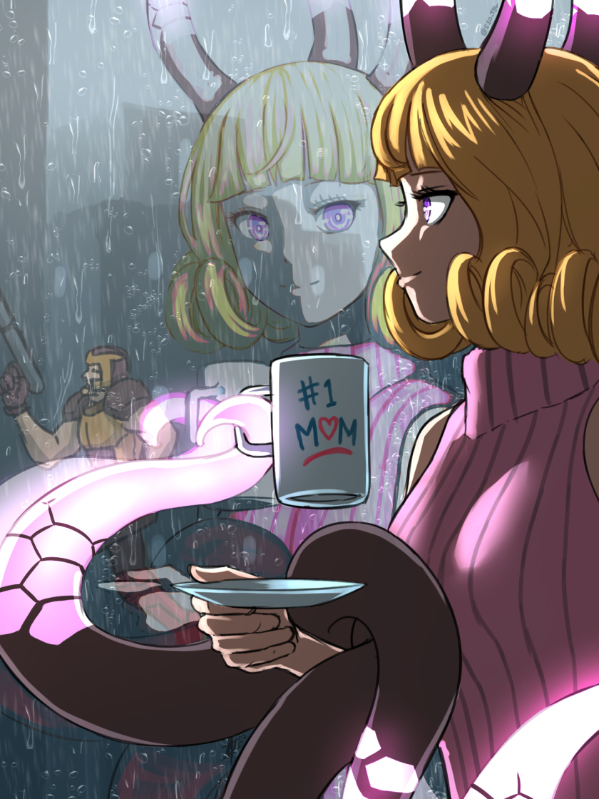 1boy, 1girl, armor, blonde_hair, blunt_bangs, closed_mouth, cup, english_text, glowing_horns, gun, helmet, holding, holding_cup, horns, indoors, light_smile, looking_at_another, medium_hair, monster_girl, mug, personification, quake, rain, ranger_(quake), reflection, ribbed_sweater, shub-niggurath_(quake), sleeveless, sleeveless_turtleneck, substance20, sweater, tentacles, turtleneck, turtleneck_sweater, upper_body, violet_eyes, weapon