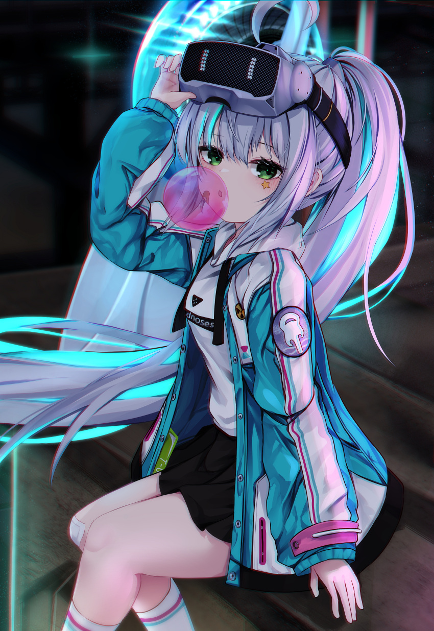 1girl, absurdres, ahoge, bandaid, bandaid_on_cheek, bandaid_on_face, black_skirt, blue_jacket