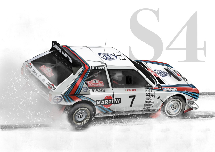 1boy, car, driving, english_commentary, helmet, highres, lancia_delta_s4, martini_(brand)