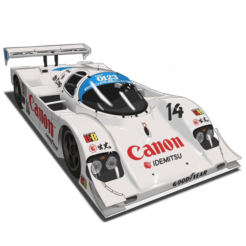 canon_(company), car, highres, imsa_sports_car_championship, motor_vehicle, no_humans, porsche, porsche_962, race_vehicle, racecar, sei_illustrations, shadow, vehicle_focus, white_background