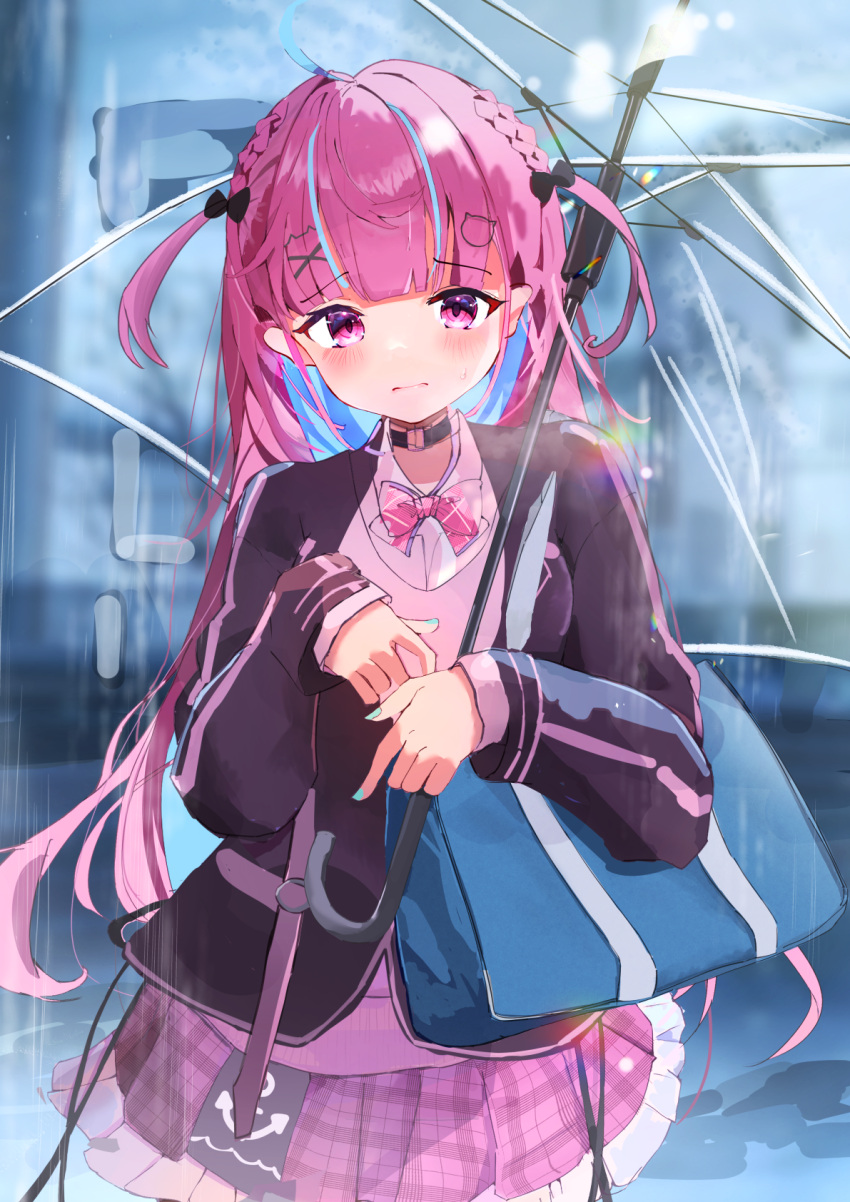 1girl, ahoge, black_choker, black_jacket, blazer, blue_hair, blush, bow