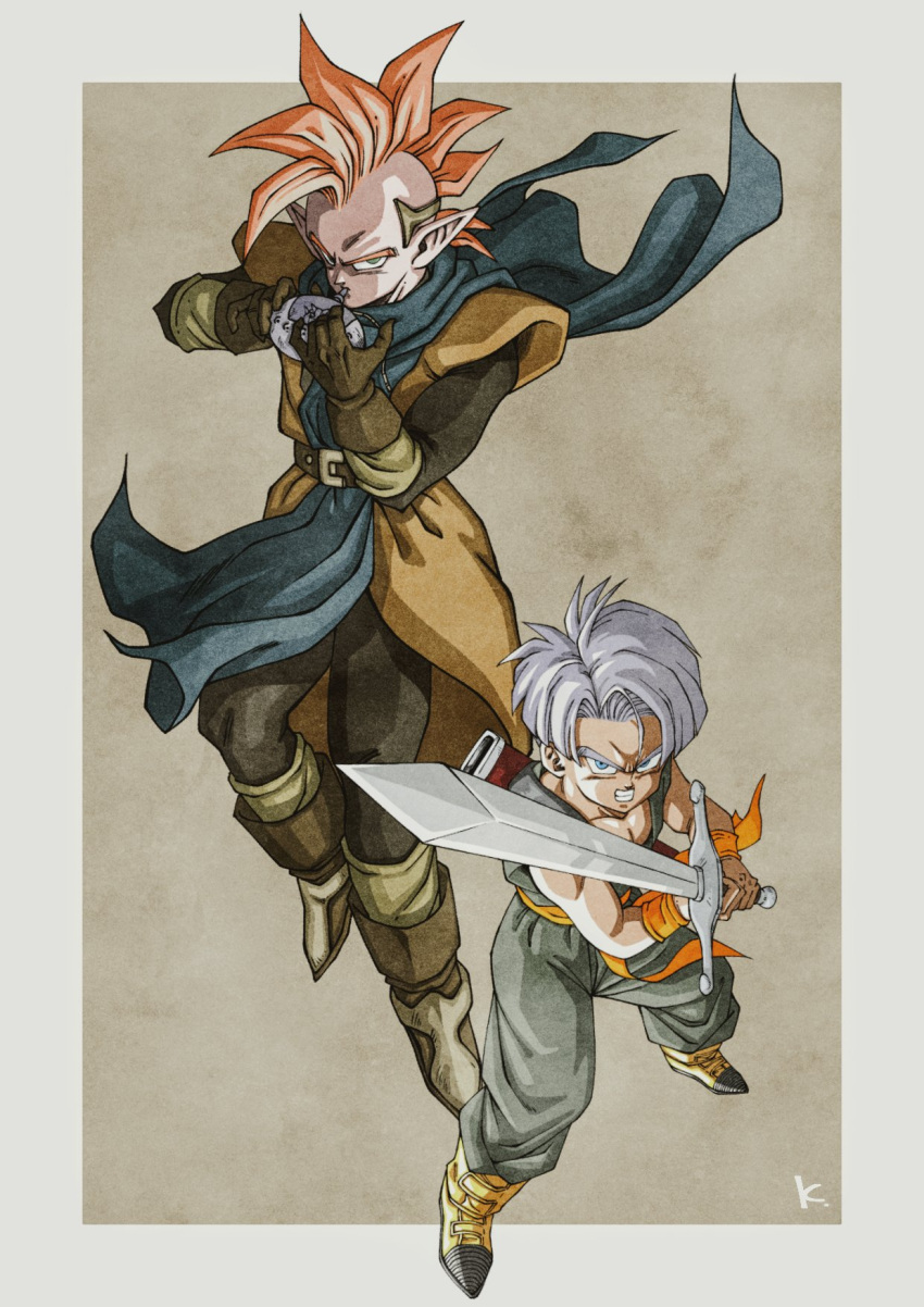 2boys, belt, blue_eyes, boots, brown_gloves, brown_pants, brown_tunic, dragon_ball