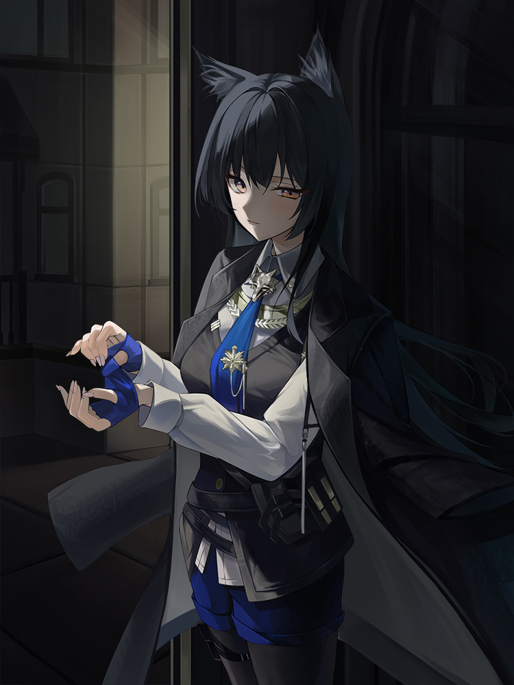 1girl, adjusting_clothes, adjusting_gloves, animal_ear_fluff, animal_ears, arknights, black_hair, black_jacket