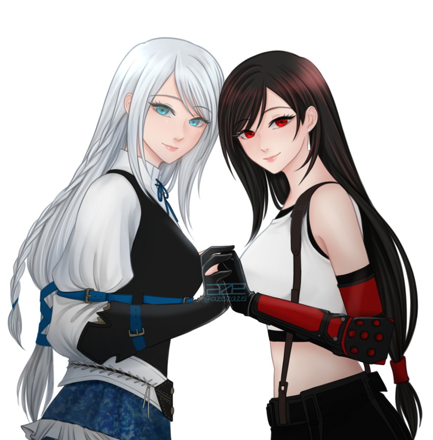 2girls, absurdres, azezazel, black_hair, black_vest, blue_eyes, braid, braided_ponytail