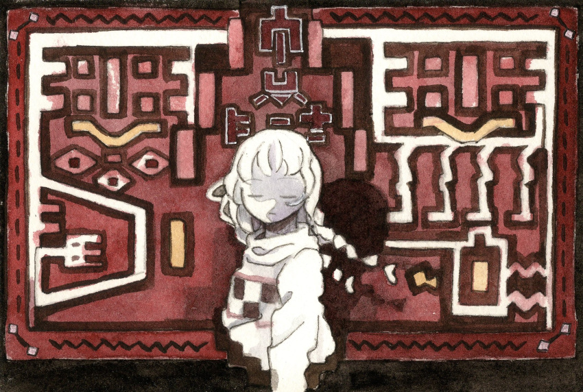1girl, abstract_background, braid, closed_eyes, closed_mouth, commentary_request, cropped_torso, detached_hair