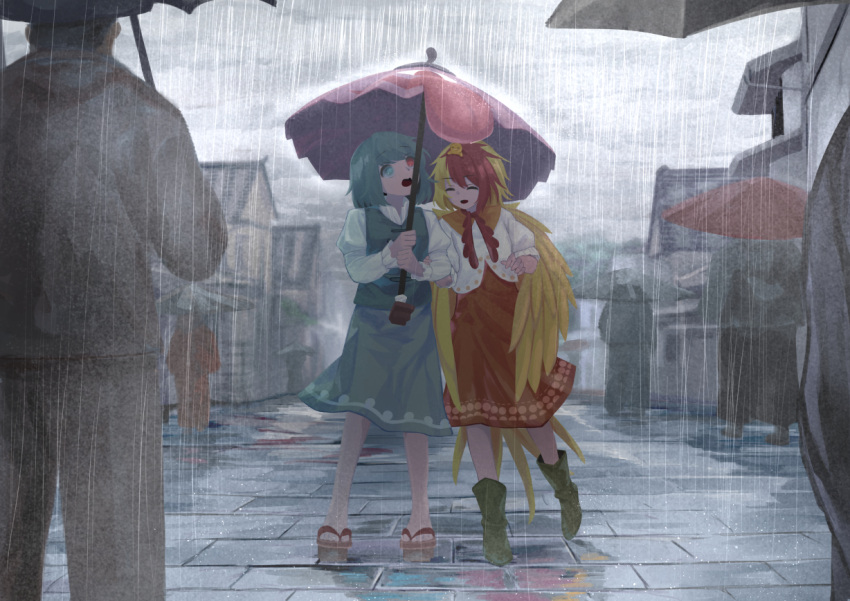 1boy, 2girls, 4others, blue_dress, blue_eyes, blue_hair, clog_sandals, clouds