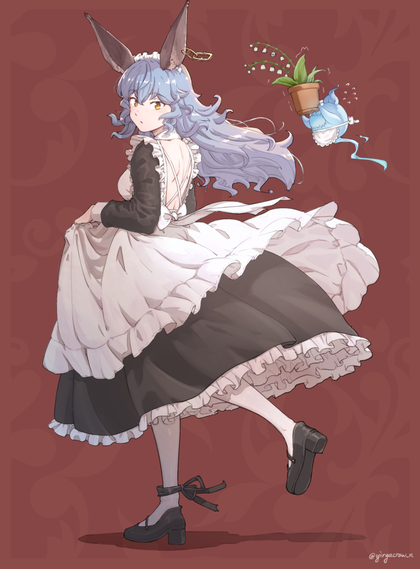 1girl, alternate_costume, animal_ears, ankle_ribbon, apron, backless_dress, backless_outfit, black_dress