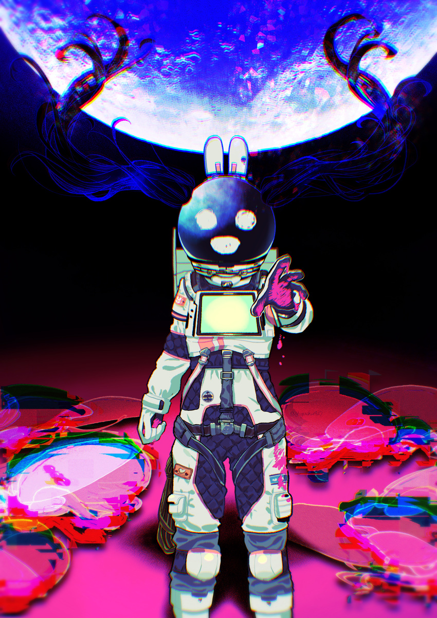 1girl, @_@, absurdres, animal_ears, astronaut, black_hair, blood, blood_on_clothes