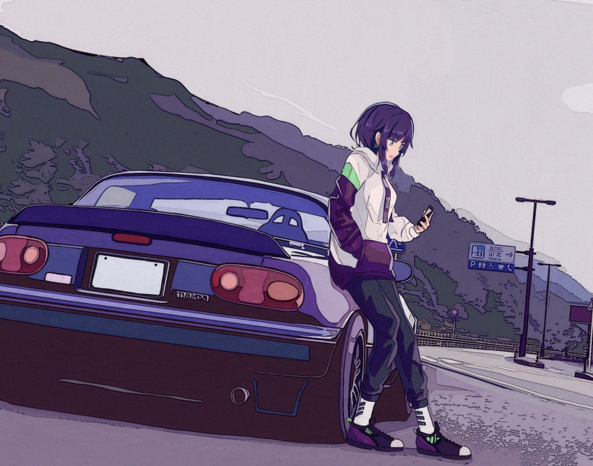 1girl, adidas, black_footwear, black_pants, blue_eyes, blue_hair, breasts, cellphone, dora_(dr3032), earrings, hand_in_pocket, highres, hood, hood_down, hoodie, jewelry, lamppost, looking_down, mazda, mazda_mx-5, mazda_mx-5_nb, medium_breasts, mountain, open_mouth, original, pants, phone, shoes, smartphone, sneakers, socks, solo, sweatpants, vehicle_focus, white_hoodie, white_socks