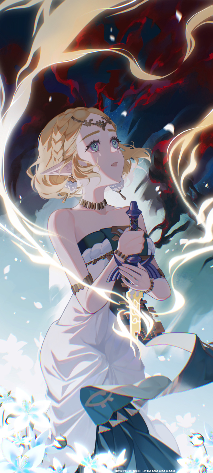 1girl, absurdres, blonde_hair, blue_eyes, braid, broken, broken_sword, broken_weapon