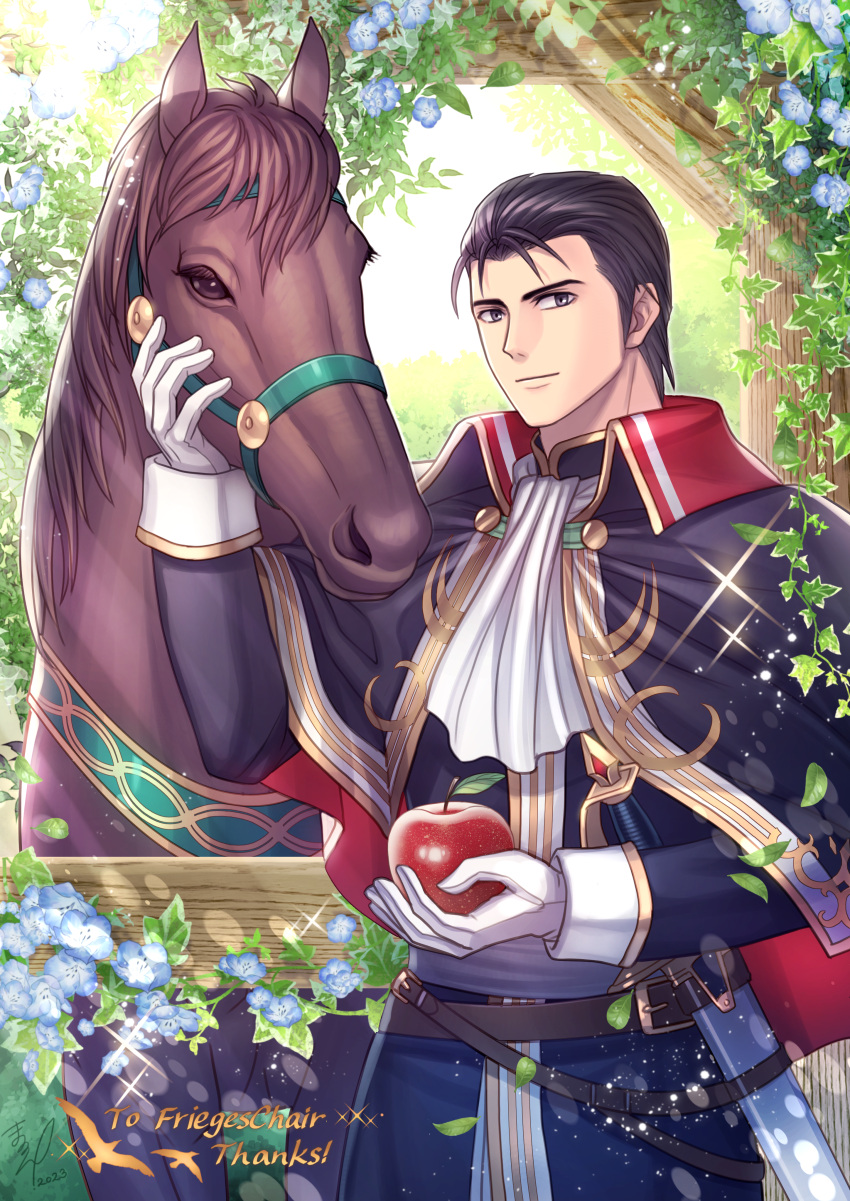 1boy, absurdres, animal, apple, ascot, belt, black_eyes, black_hair
