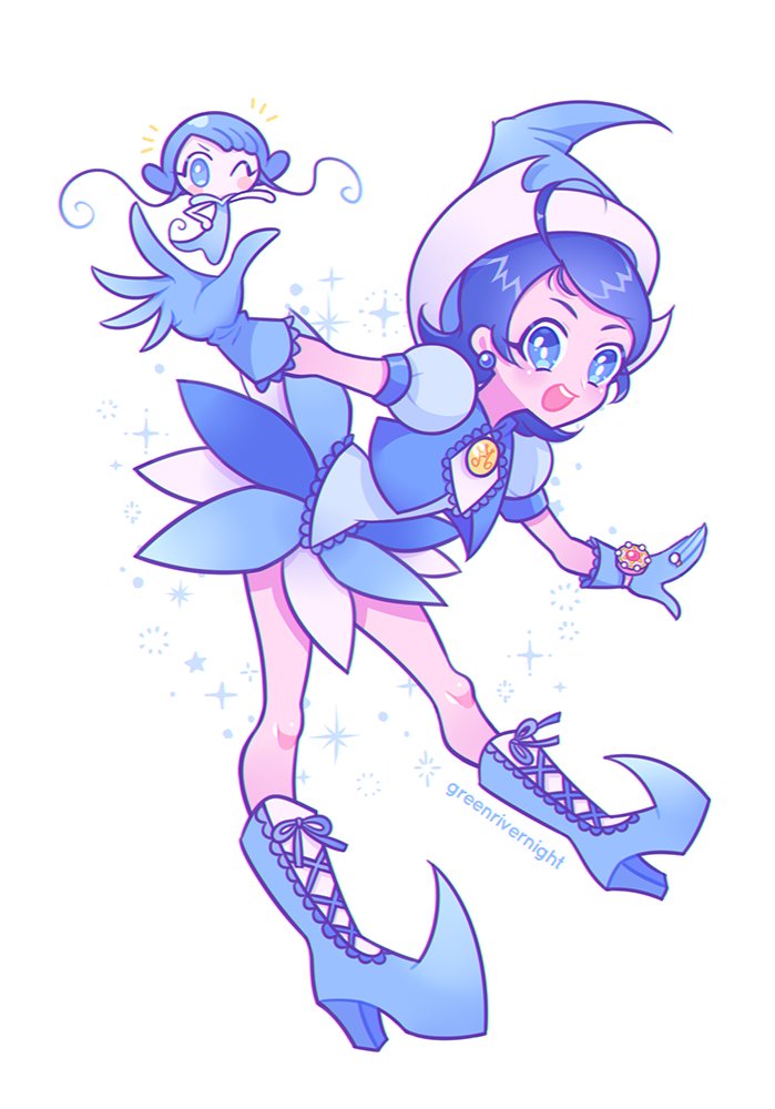 1girl, :d, ahoge, artist_name, blue_dress, blue_eyes, blue_footwear, blue_gloves