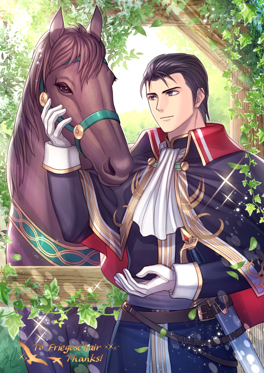 1boy, absurdres, animal, ascot, belt, black_eyes, black_hair, capelet