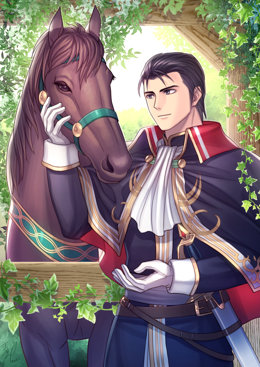 1boy, absurdres, animal, ascot, belt, black_eyes, black_hair, capelet