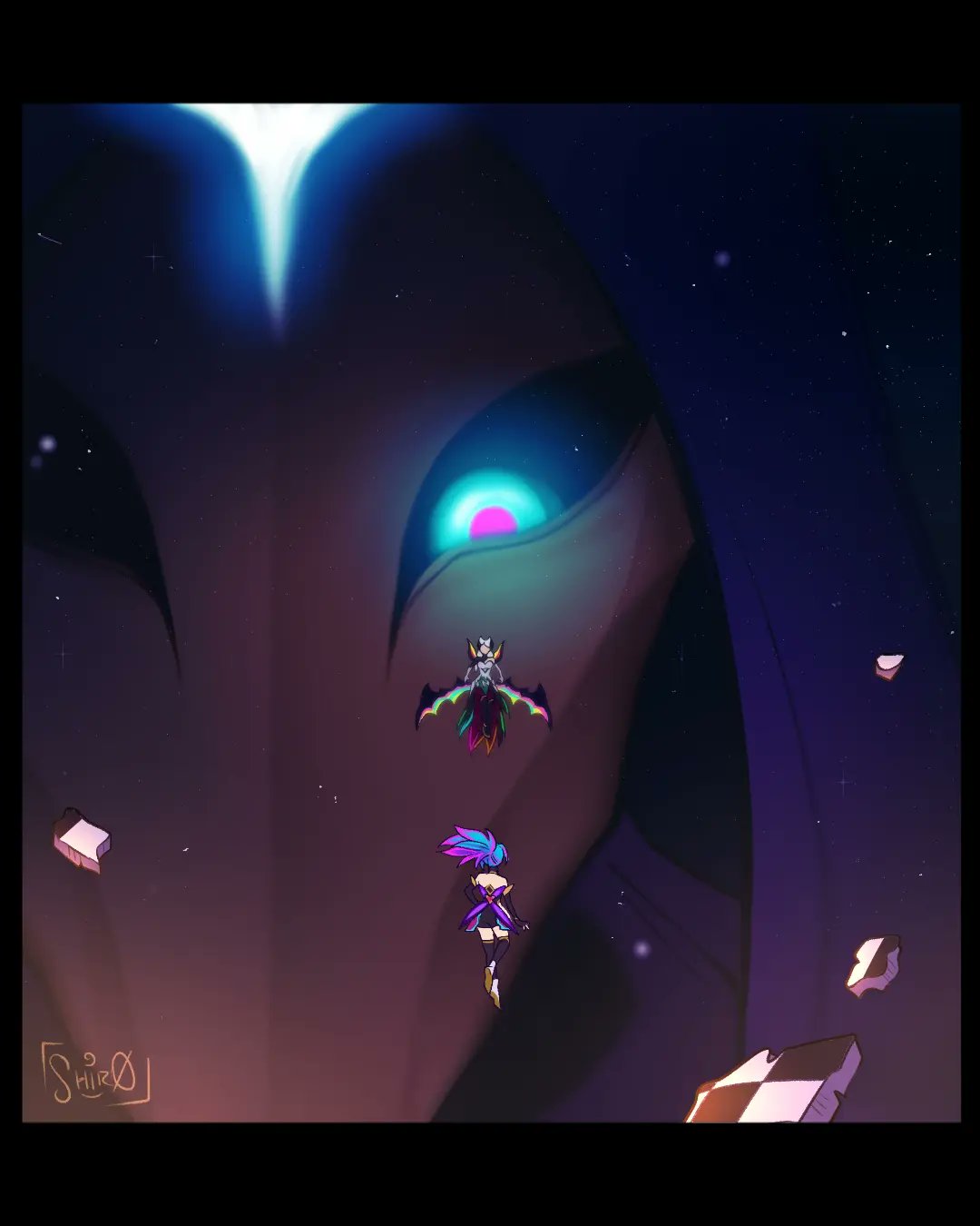 1boy, 2girls, akali, artist_name, blue_hair, dark_cosmic_jhin, giant, glowing