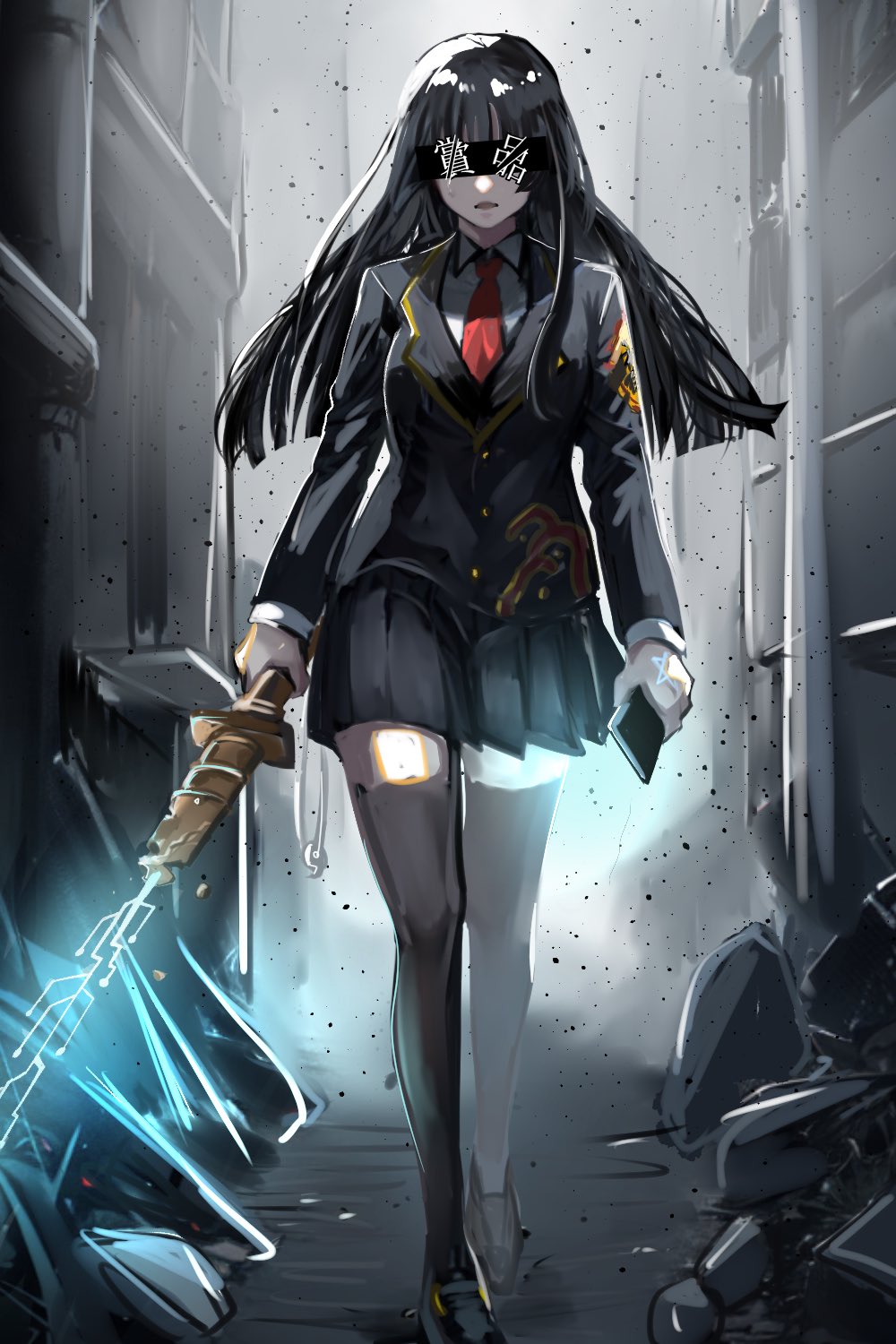 1girl, bad_id, bad_twitter_id, bar_censor, black_hair, black_thighhighs, blunt_bangs, censored