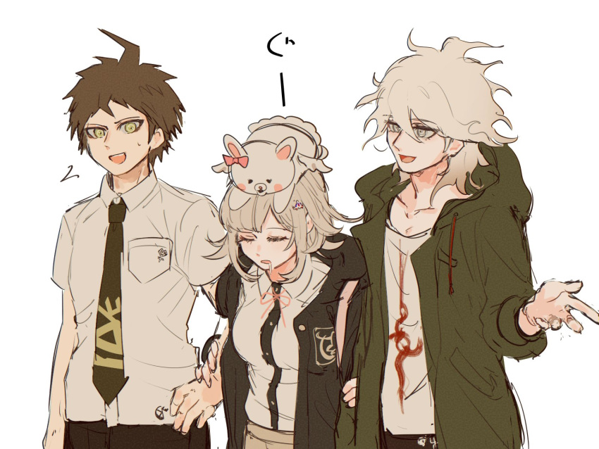 1girl, 2boys, :d, ahoge, badge, black_shirt, breast_pocket, brown_eyes
