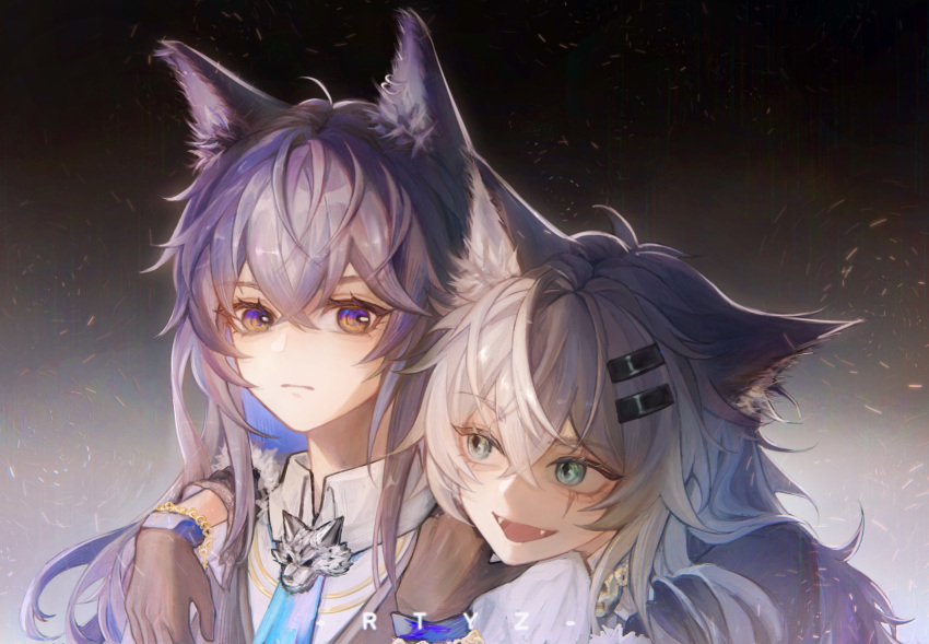2girls, :d, animal_ear_fluff, animal_ears, arknights, artist_name, black_gloves, black_vest, blue_hair, blue_necktie, closed_mouth, collared_shirt, fangs, gloves, green_eyes, grey_hair, hair_between_eyes, hair_ornament, hairclip, highres, hug, hug_from_behind, lappland_(arknights), long_hair, looking_at_another, looking_at_viewer, multiple_girls, necktie, open_mouth, orange_eyes, rtyz, scar, scar_across_eye, shirt, smile, texas_(arknights), vest, white_shirt, wolf_ears, wolf_girl