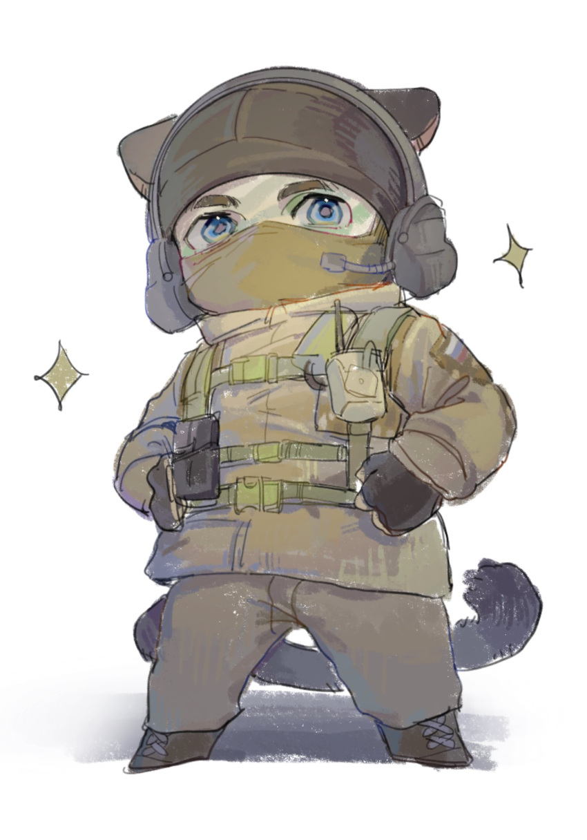 1boy, animal_ears, black_gloves, blue_eyes, brown_jacket, brown_pants, cat_boy, cat_ears, cat_tail, covered_mouth, fingerless_gloves, glaz_(rainbow_six_siege), gloves, guanzi_yoo, hat, headphones, highres, jacket, looking_at_viewer, male_focus, pants, rainbow_six_siege, simple_background, solo, tail, white_background