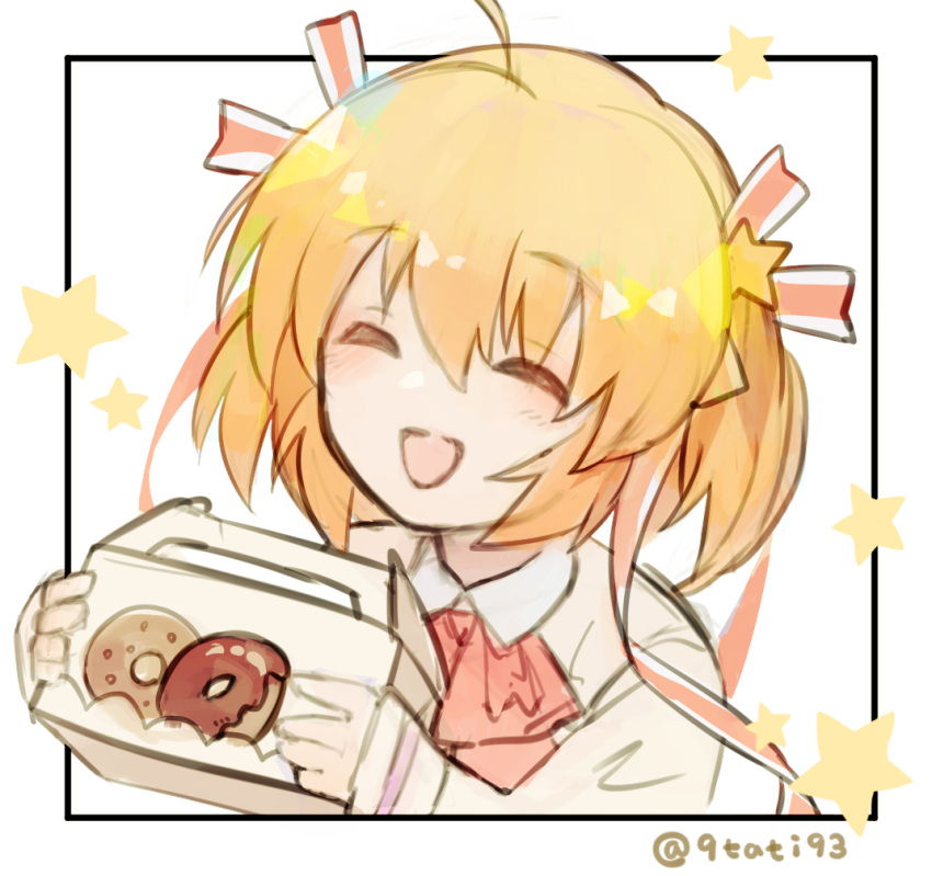 blonde_hair, bow, bowtie, box, closed_eyes, commentary_request, doughnut, food, hair_ornament, hair_ribbon, kamikita_komari, kusarukusa, little_busters!, red_bow, red_bowtie, ribbon, school_uniform, short_hair, smile, star_(symbol), star_hair_ornament, twitter_username, upper_body