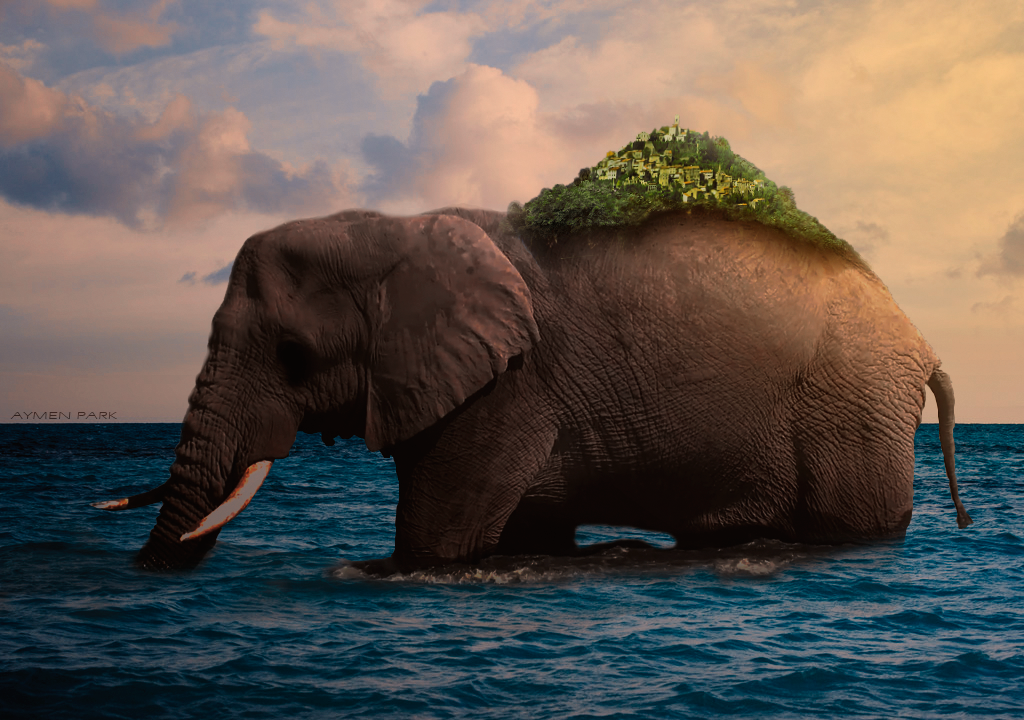 animal, artist_name, aymenpark, clouds, cloudy_sky, elephant, from_side, island, ocean, one_piece, outdoors, photoshop_(medium), realistic, sky, solo, standing, sunset, water, zunesha