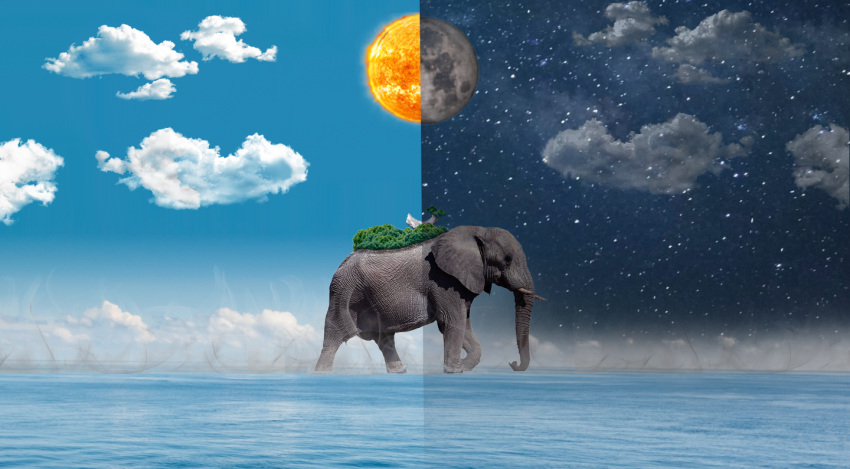 animal, clouds, cloudy_sky, day, elephant, from_side, full_body, island