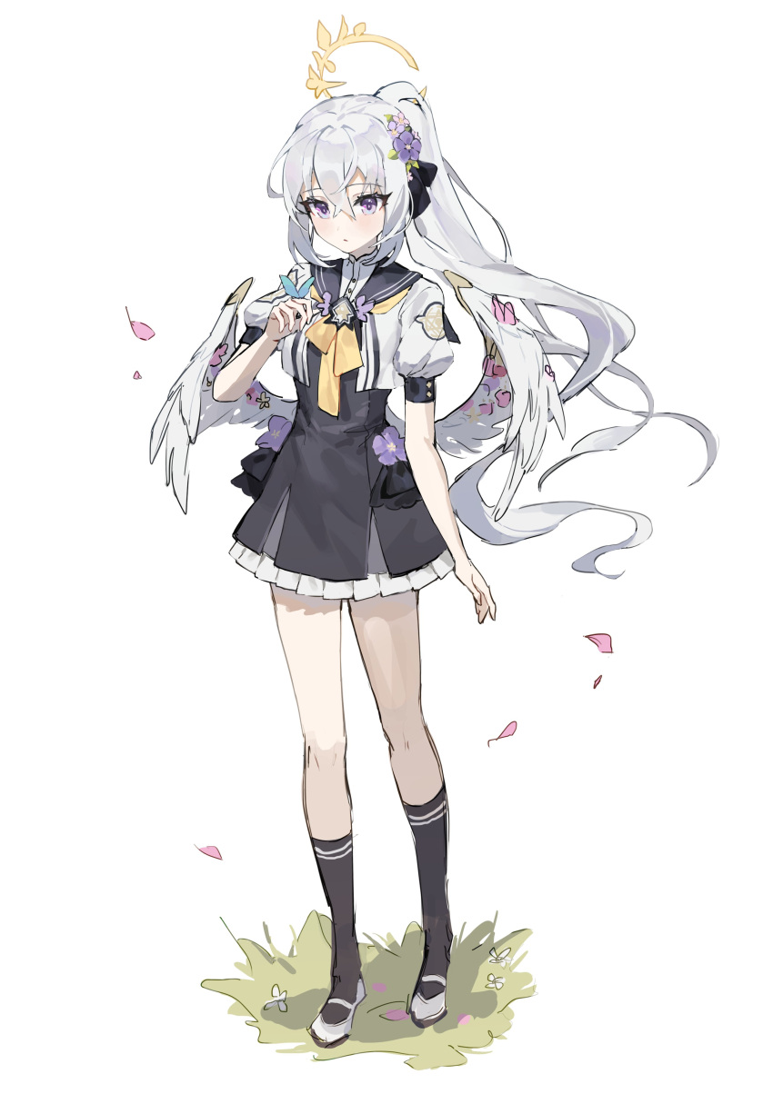1girl, absurdres, adapted_costume, alternate_hairstyle, angel_wings, azusa_(blue_archive), black_dress, black_ribbon