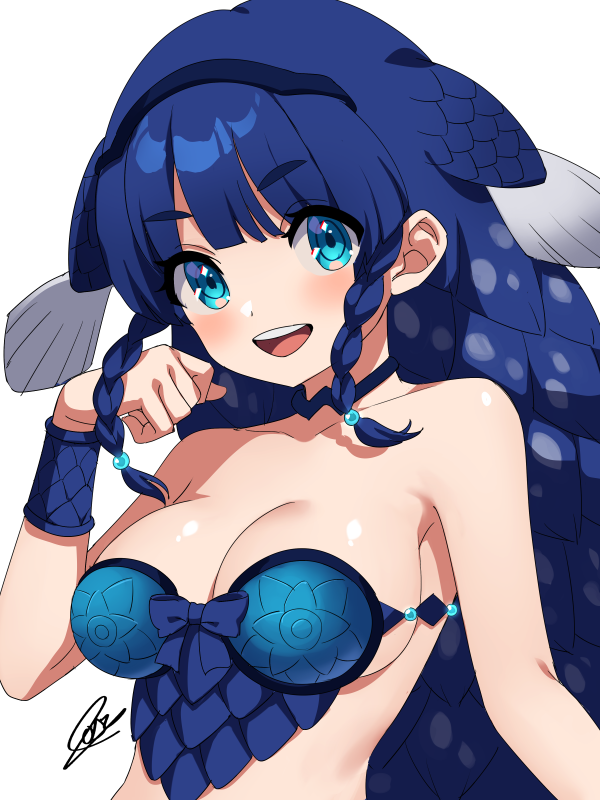 1girl, armor, bare_shoulders, blue_choker, blue_eyes, blue_hair, blunt_bangs, blush
