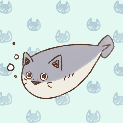 animal_ears, animal_focus, black_mouth, blue_background, bubble, commentary_request, fish, looking_at_viewer, lowres, no_humans, open_mouth, original, partial_commentary, sacabambaspis, simple_background, triangle_mouth, variant_set, whiskers, yokoi_aya
