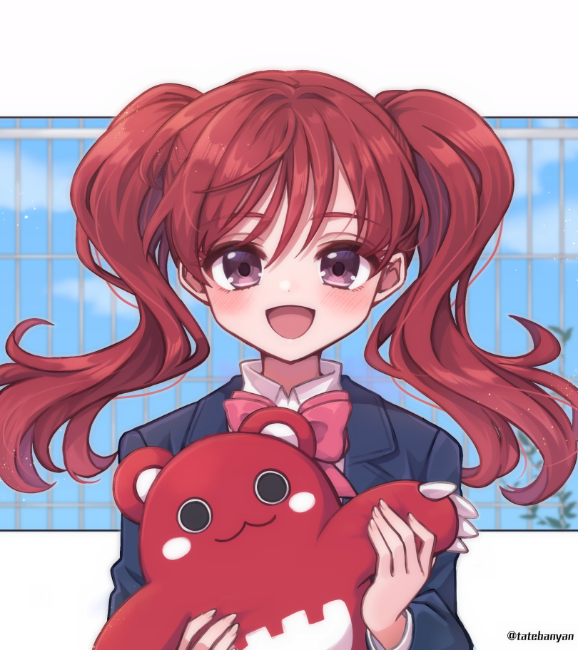 1girl, :d, artist_name, blazer, blush, bow, holding, holding_stuffed_toy