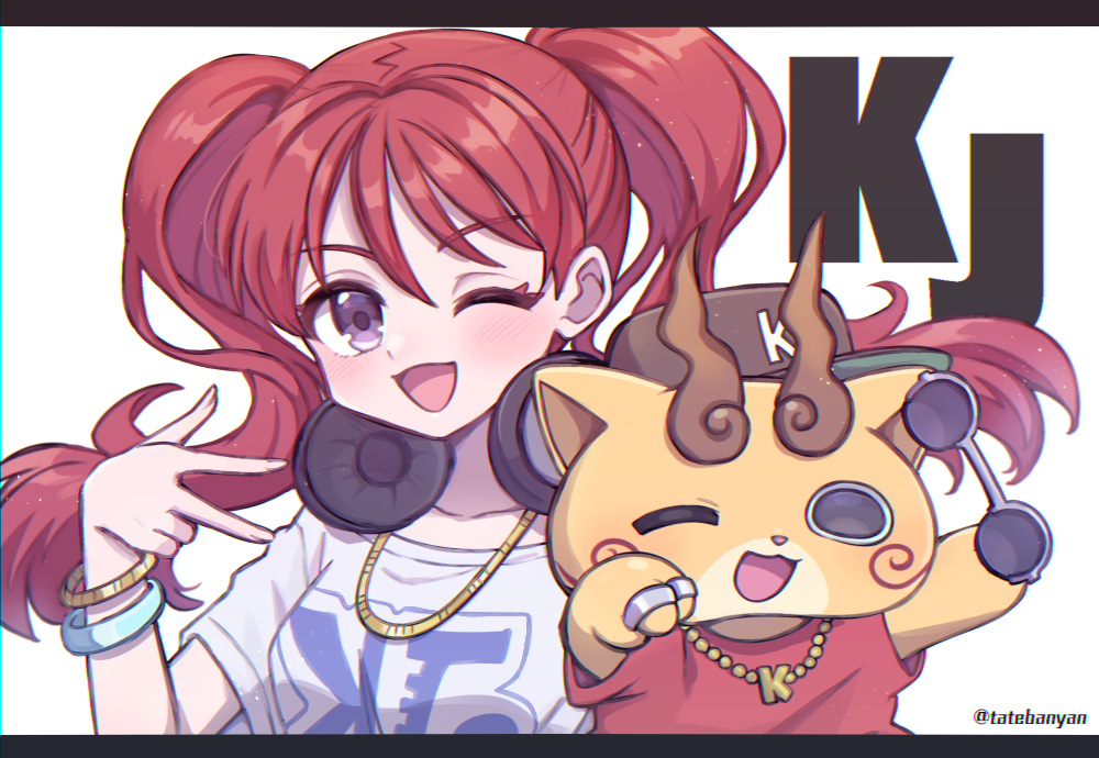 1girl, ;d, artist_name, bracelet, brown_headwear, eyewear_removed, hat, headphones