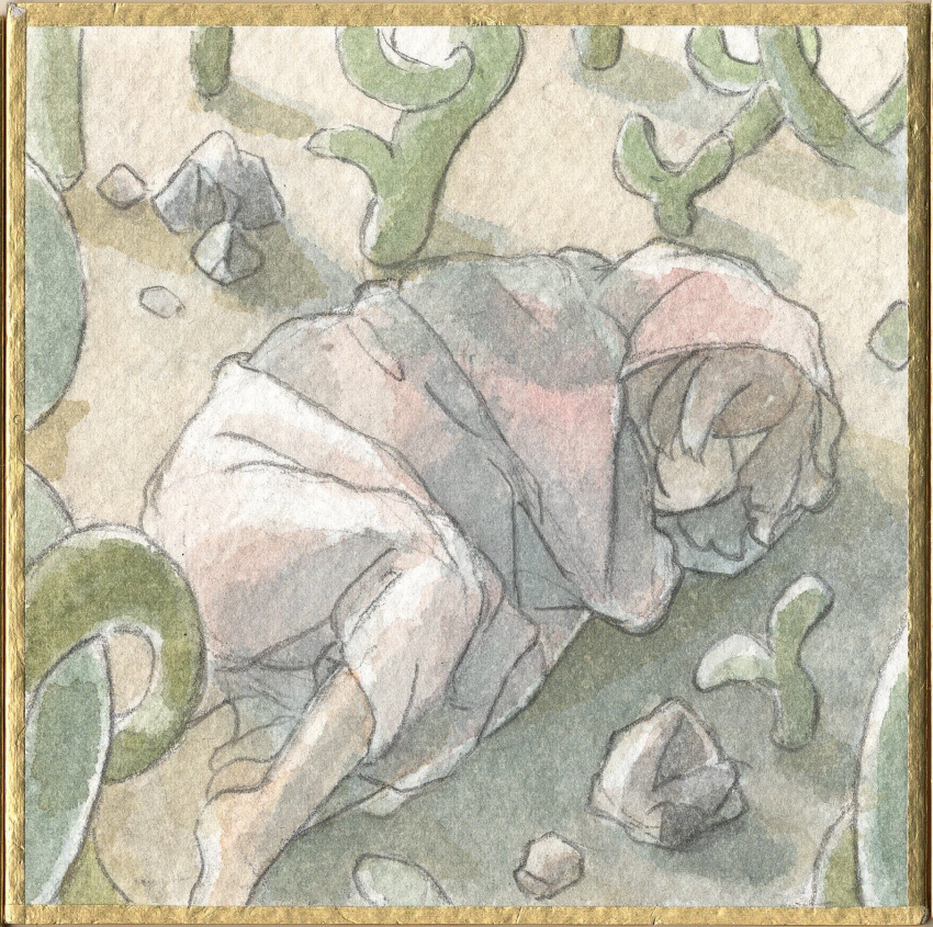 1girl, barefoot, border, brown_hair, cloak, closed_eyes, commentary_request, day