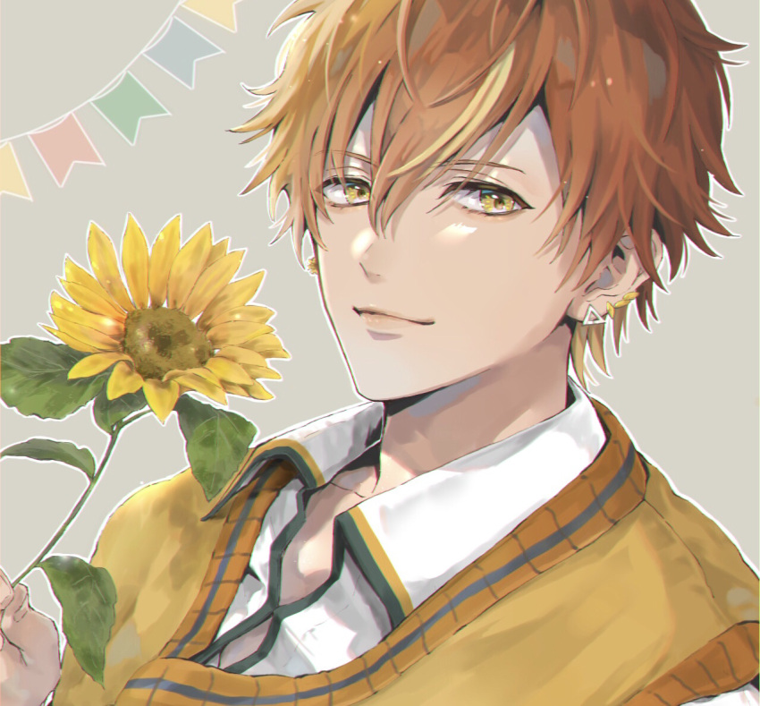 1boy, blonde_hair, closed_mouth, collared_shirt, commentary_request, earrings, flower, hair_between_eyes