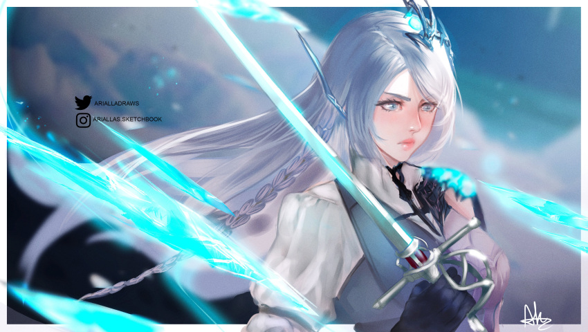 1girl, absurdres, arialla_draws, blue_eyes, blue_gloves, blue_vest, braid, braided_sidelock