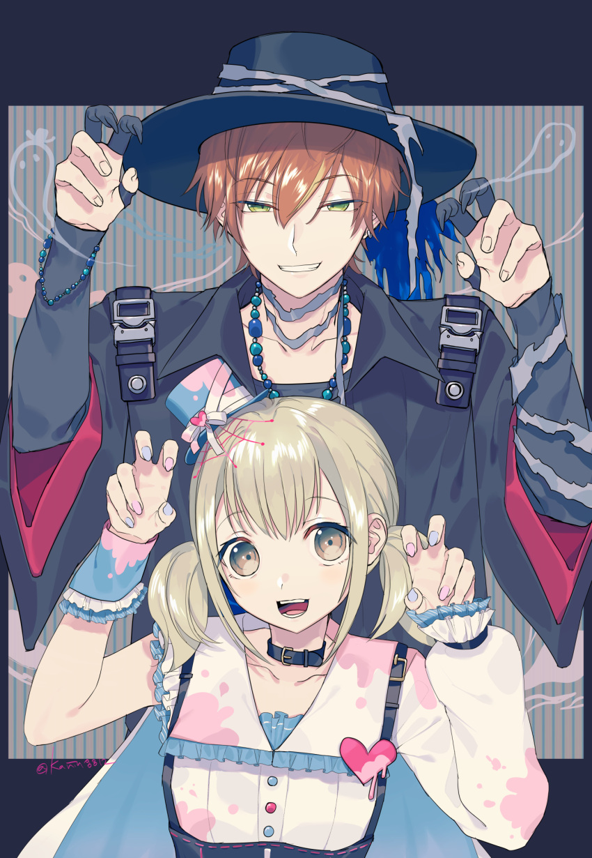 1boy, 1girl, asymmetrical_sleeves, azusawa_mito, bead_bracelet, bead_necklace, beads, blue_nails, bracelet, brown_eyes, buttons, choker, commentary, earrings, fingernails, green_eyes, hair_between_eyes, hat, heart, highres, jewelry, long_sleeves, looking_at_viewer, multicolored_hair, nail_polish, necklace, open_mouth, orange_hair, pink_nails, project_sekai, shinonome_akito, short_twintails, smile, sohu, streaked_hair, stud_earrings, teeth, twintails, upper_body, yellow_eyes