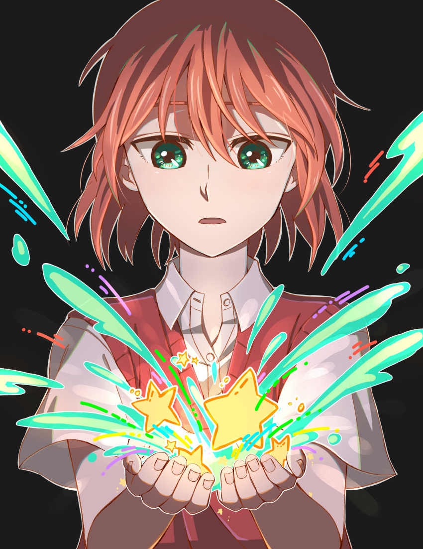 1girl, absurdres, collared_shirt, commentary_request, delfuze, expressionless, green_eyes, hands_up, hatori_chise, highres, magic, mahou_tsukai_no_yome, medium_hair, open_mouth, redhead, shirt, short_sleeves, solo, star_(symbol), sweater, upper_body