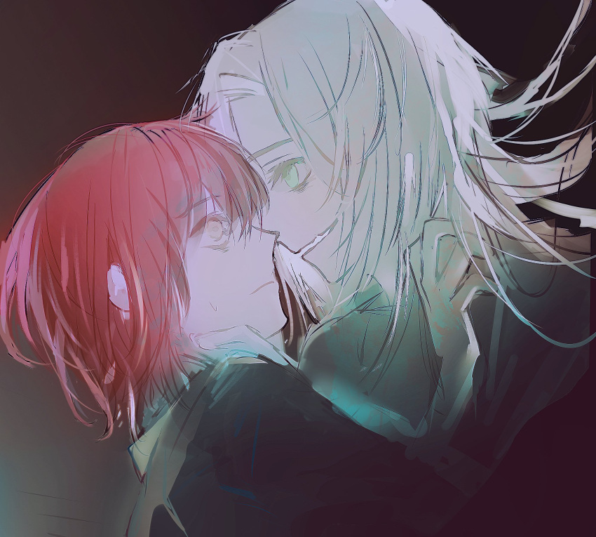 1boy, 1girl, cho_(cho_chies), corruption, empty_eyes, evil_smile, eye_contact, from_side