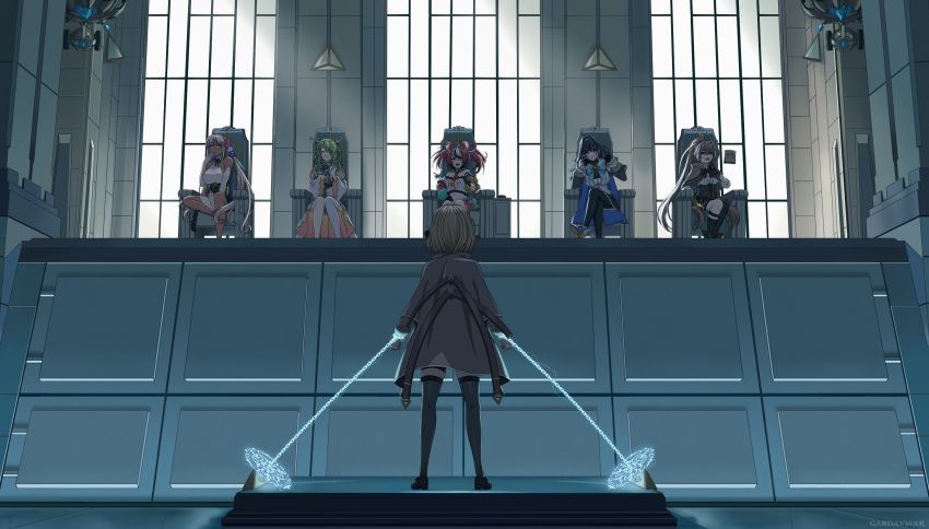 6+girls, blonde_hair, blue_eyes, blue_hair, brown_eyes, brown_hair, ceres_fauna, ceres_fauna_(1st_costume)