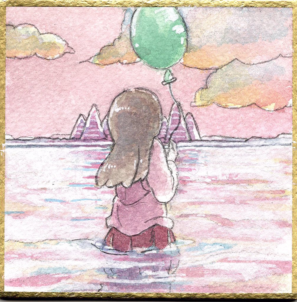 1girl, balloon, border, brown_hair, clouds, cloudy_sky, commentary_request, facing_away