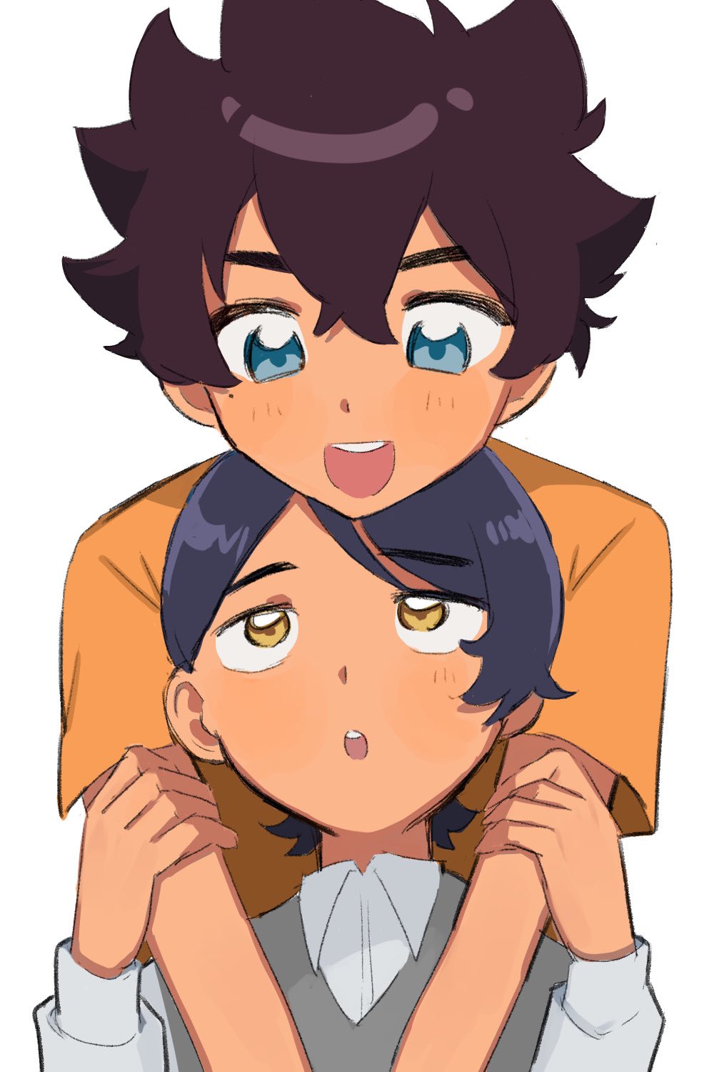 2boys, :d, aged_down, blue_eyes, blue_hair, blush, brothers, brown_hair, collared_shirt, commentary_request, guel_jeturk, gundam, gundam_suisei_no_majo, hair_between_eyes, head_on_head, head_rest, highres, kujira_(matuyoi1412), lauda_neill, long_sleeves, looking_at_another, male_child, male_focus, multiple_boys, open_mouth, shirt, short_hair, siblings, simple_background, smile, t-shirt, upper_body, vest, white_background, white_shirt, yellow_shirt