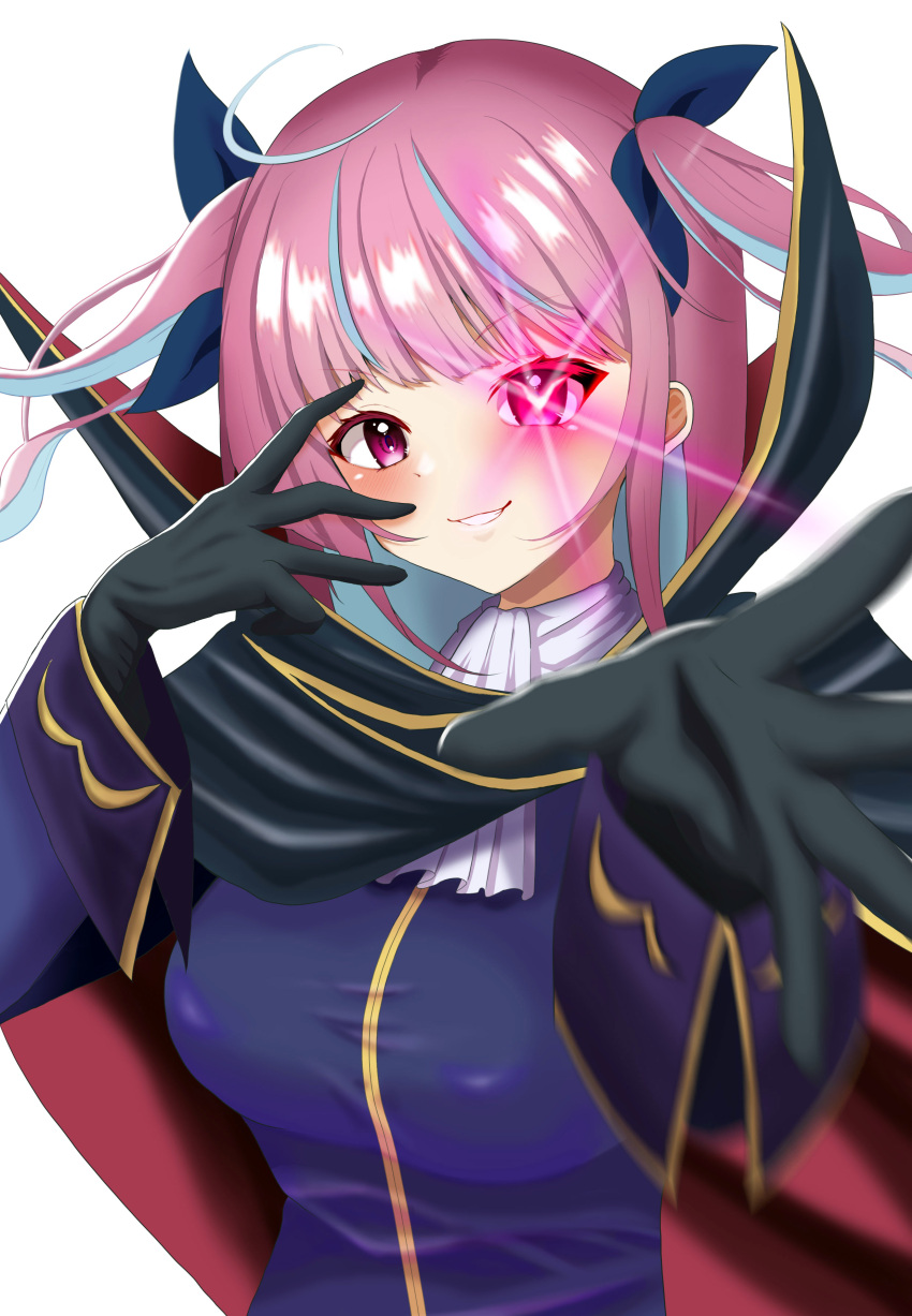 1girl, 264_(user_ffyd3374), absurdres, ahoge, ascot, black_cloak, black_gloves, blue_hair, blue_jacket, blue_ribbon, blunt_bangs, breasts, cloak, code_geass, colored_inner_hair, cosplay, gloves, glowing, glowing_eye, hair_ribbon, highres, hololive, jacket, large_breasts, long_sleeves, looking_at_viewer, minato_aqua, multicolored_hair, purple_hair, reaching, reaching_towards_viewer, ribbon, simple_background, smile, solo, streaked_hair, symbol_in_eye, two-tone_hair, two_side_up, upper_body, v-shaped_eyebrows, violet_eyes, virtual_youtuber, white_background, zero_(code_geass), zero_(code_geass)_(cosplay)