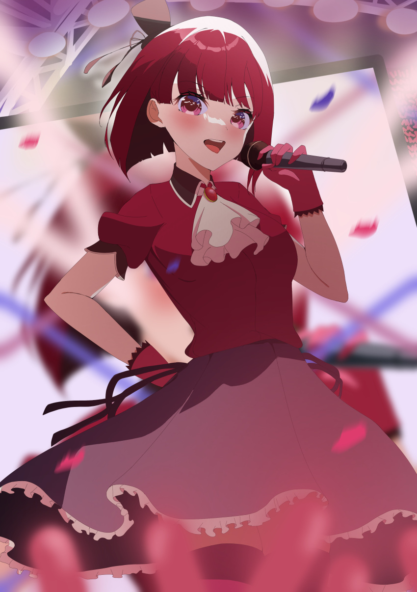 1girl, absurdres, arima_kana, ascot, audience, blunt_bangs, blurry, blurry_foreground, blush, bob_cut, collared_shirt, commentary, cowboy_shot, english_commentary, floating_hair, frilled_gloves, frilled_skirt, frills, gloves, glowstick, hand_on_own_hip, hat, highres, holding, holding_microphone, idol, idol_clothes, inverted_bob, looking_at_viewer, microphone, mini_hat, mon_monn, motion_blur, open_mouth, oshi_no_ko, pink_gloves, puffy_short_sleeves, puffy_sleeves, purple_skirt, red_brooch, red_eyes, red_shirt, red_thighhighs, redhead, screen_zoom, shirt, short_sleeves, skirt, solo, teeth, thigh-highs, upper_teeth_only, white_ascot, zettai_ryouiki