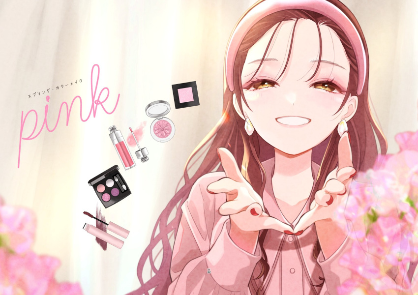 19_okeke, 1girl, brown_hair, commentary_request, cosmetics, earrings, forehead, grin
