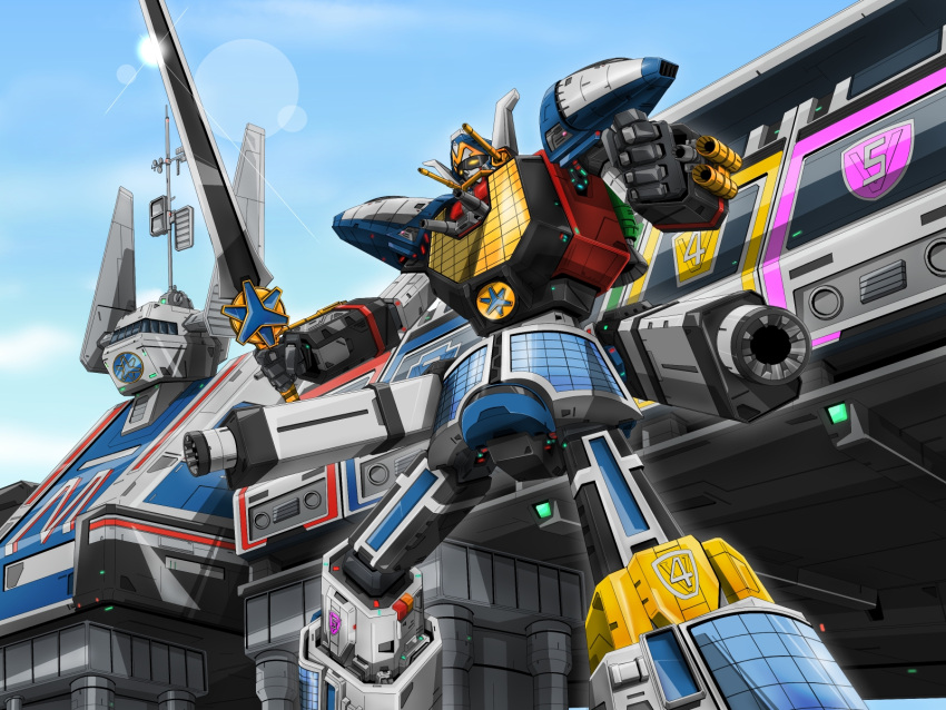 gattai, gun, highres, holding, holding_sword, holding_weapon, humanoid_robot, kyuukyuu_sentai_gogofive, max_victory_robo, mecha, monmon_(monban), power_rangers, power_rangers_lightspeed_rescue, robot, science_fiction, super_robot, super_sentai, sword, tokusatsu, weapon, yellow_eyes