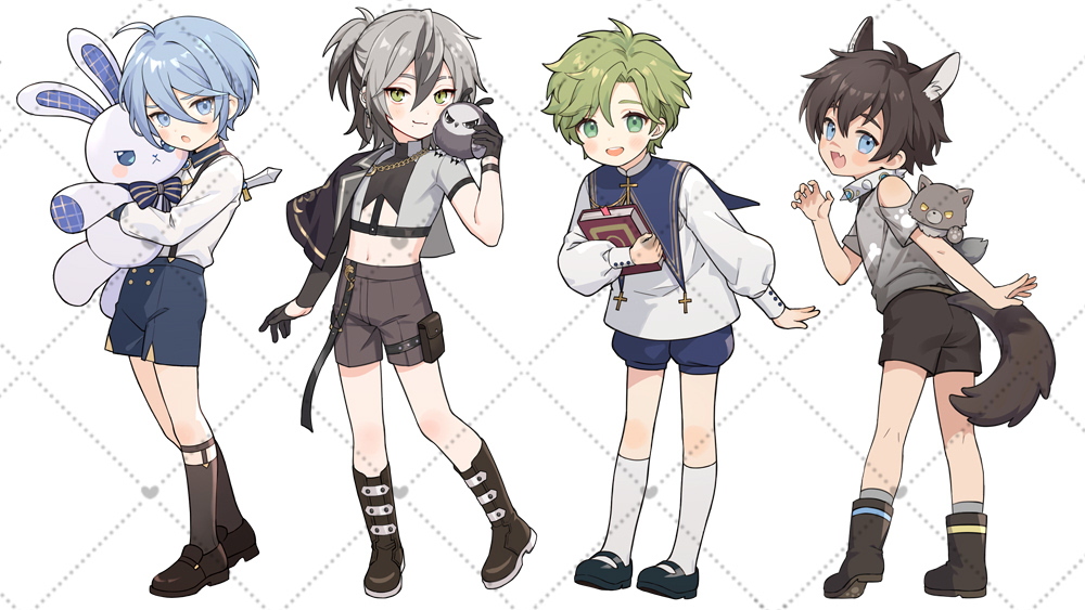 4boys, aged_down, animal_ears, animal_on_shoulder, bird, bird_on_shoulder, black_gloves, blue_eyes, blue_hair, blush, book, brown_hair, chocomilk_nu, claw_pose, collar, earrings, edmond_(nu_carnival), father_(nu_carnival), garu_(nu_carnival), girly_boy, gloves, green_eyes, green_hair, grey_hair, half_gloves, holding, holding_book, holding_stuffed_toy, jewelry, karu_(nu_carnival), light_blue_hair, long_hair, long_sleeves, looking_at_viewer, male_child, male_focus, mole, mole_under_mouth, multiple_boys, nu_carnival, official_alternate_costume, olivine_(nu_carnival), owl, rei_(nu_carnival), scar, scar_on_face, scar_on_nose, short_hair, simple_background, single_earring, smile, spiked_collar, spikes, stuffed_animal, stuffed_rabbit, stuffed_toy, wolf_boy, wolf_ears, yellow_eyes