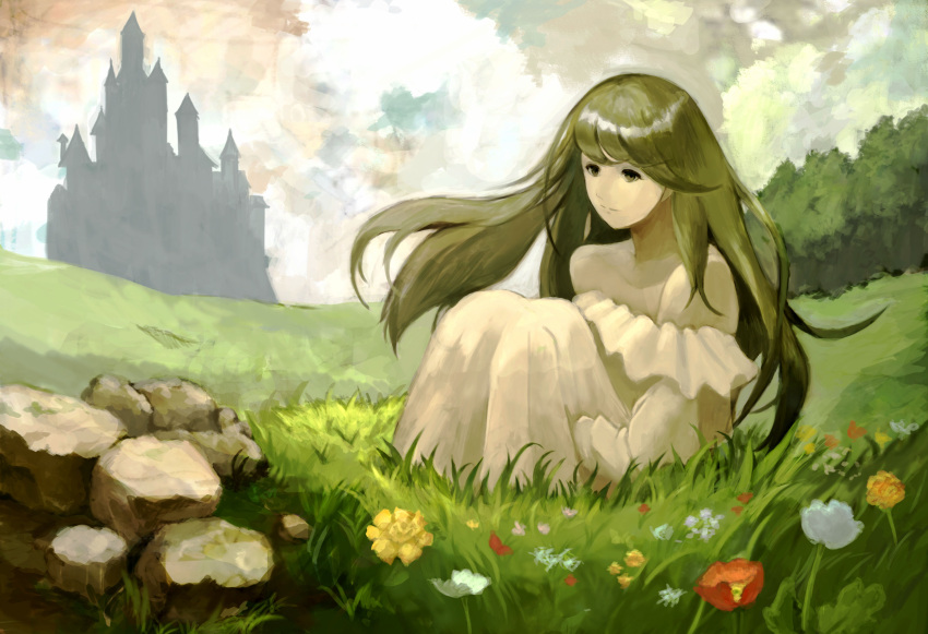 1girl, absurdres, castle, clouds, cloudy_sky, dress, field, flower